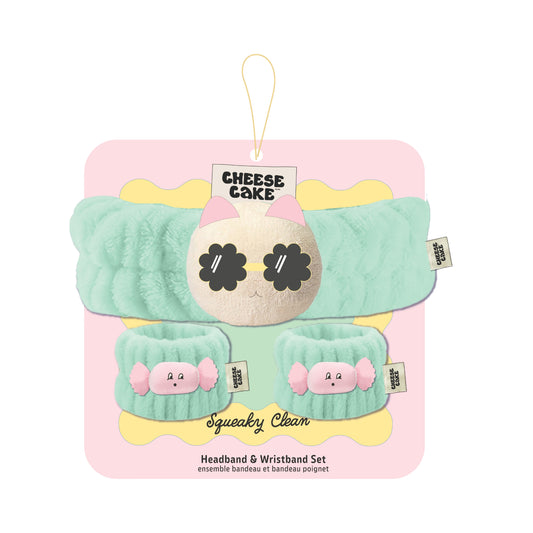 3pc Squeaky Clean Cat Headband & Wristband Set - Green & Pink